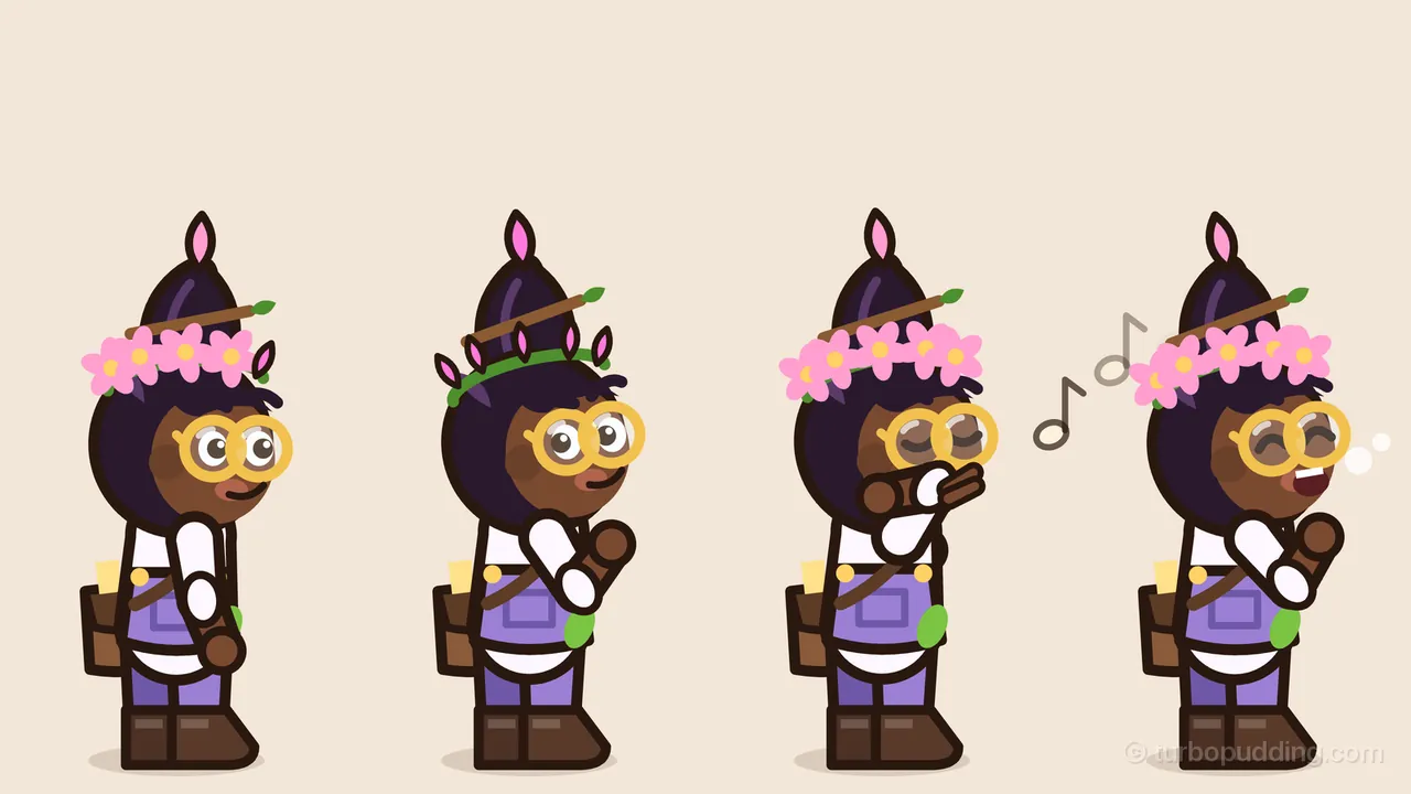 Four drawings of Princess Orla side by side on a plain cream background, all facing right: standing at ease, with four flowers of her bud crown open and one bud shut; arms folded across her chest, every bud of the crown shut and one eyebrow raised; two fingers at her lips, eyes shut and cheeks round, two music notes floating away from her; and laughing, eyes squeezed into happy arcs, mouth open, two little white puffs by her nose; in every drawing she has a tall dark bun shaped like a bud with a twig through it, big round gold glasses, a lilac bib with a square pocket over a white shirt, a brown satchel with seed packets and brown boots