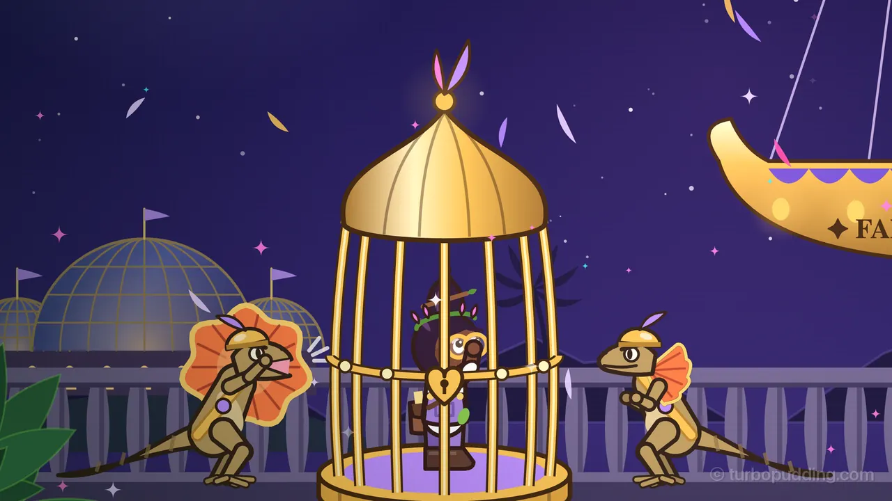 Night on the palace terrace with glitter swirling in the air: Princess Orla stands inside a tall golden birdcage with a domed top, a feather plume on its tip and a heart-shaped lock on its middle band, her hands on the bars and her eyes turned up, the buds of her crown shut; on each side of the cage stands a Frillguard, a lizard in a little gold helmet with a purple feather, the left one shouting with its orange frill flared wide, the right one with its frill folded back; behind them are the glass domes of the palace, a stone balustrade, the dark shape of a palm and, at the top right, the golden prow of a gondola