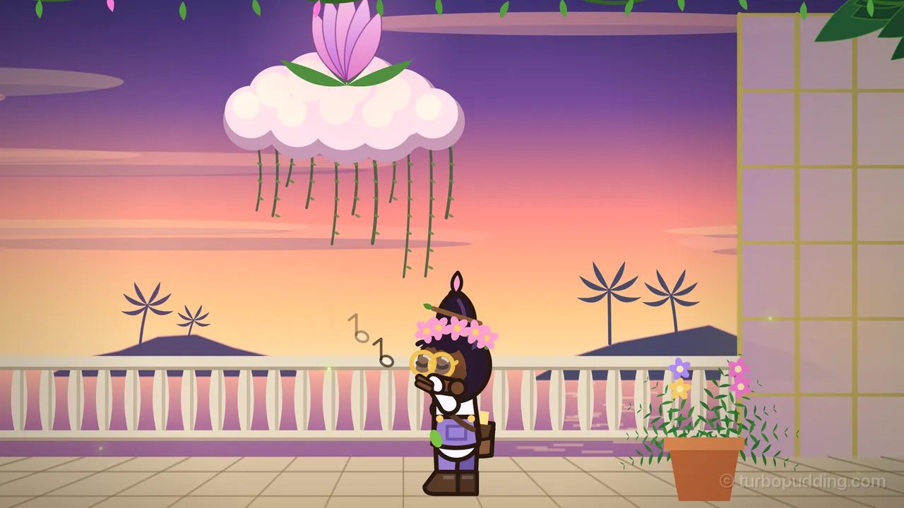The evening before Bloomnight on the palace terrace: Princess Orla, a twelve-year-old girl with brown skin, a round dark bob topped by a tall bud-shaped bun with a twig through it, a crown of open pink flowers and big round gold glasses, stands on pale stone tiles with two fingers at her lips and her eyes shut, whistling, three music notes drifting off to the left; she wears lilac overalls over a white shirt, a brown satchel and brown boots; behind her runs a white balustrade over a pink and violet sunset sea with two dark islands and palm silhouettes, a clay pot of flowers stands on the right beside the palace’s glass wall, and high above, a closed pink bud sits on a fluffy cloud with long roots hanging down