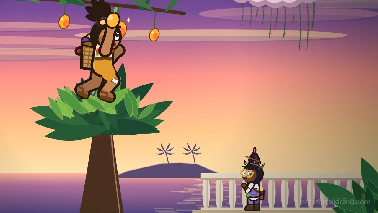 Sunset over the Thousandleaf Isles: Tavo, a boy with a dark spiky tuft, a woven basket of fruit on his back and orange shorts, stands in the green crown of a tall palm and stretches one arm up toward a mango hanging from a branch, more mangoes dangling around him; far below on the right, Princess Orla in her lilac overalls and gold glasses stands by a white stone balustrade with her arms folded and the buds of her crown shut; a small island with two palm trees sits on a violet sea behind her, a big leaf pokes in at the bottom right corner, and long roots trail down from a cloud at the top of the picture