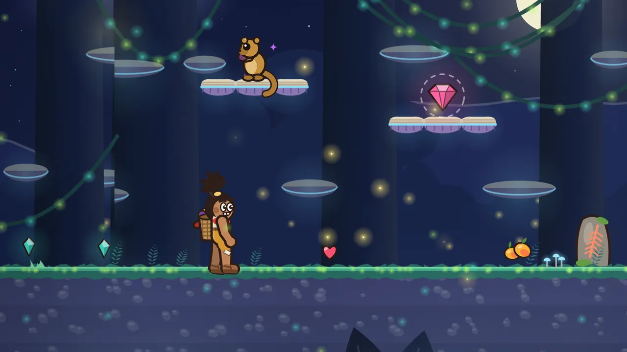 A night forest in deep blue under a big moon: Tavo, the boy with the spiky topknot and the woven fruit basket, stands on mossy ground with a glowing green rim, looking right; above him, a honey-gold kinkajou with huge dark eyes and a long curled tail sits on a shelf of polypore mushrooms, a big pink gem glows in a dashed ring on another shelf, glowing vines hang in loops between dark tree trunks and fireflies float everywhere; on the ground ahead lie a red heart, two orange fruits, tiny glowing blue mushrooms and a mossy standing stone with a glowing orange feather carved in it
