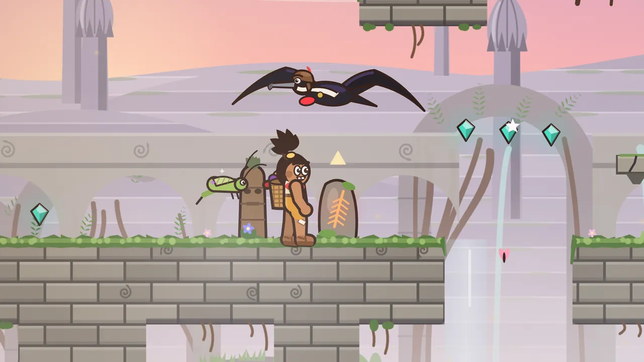 Mossgate Ruins at dawn, under a pink and peach sky: Tavo stands on the grassy stone deck of an old aqueduct, beside a mossy standing stone with a glowing orange feather carved in it and a carved wooden post with a little green grasshopper perched on top; overhead flies Captain Bellows, a black frigatebird with long bent wings, a brown leather flying helmet, a white scarf, a long gray hooked beak and a red throat pouch; on the right, a thin stream of water pours through a gap in the deck, three teal gems hang over it, and pale towers shaped like closed flower buds rise in the mist behind the arches