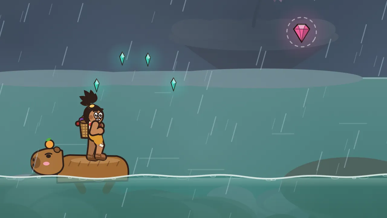 Tavo, a boy with a spiky black topknot, big round eyes and a woven basket of fruit on his back, stands on the broad brown back of Dumpling, a calm capybara with sleepy eyes, pink cheeks and a little orange on his head, as Dumpling swims across a wide teal bay in heavy rain; small teal gems hang over the water, a big pink gem glows in a dashed ring high on the right, and a dark floating island hangs in the gray clouds above