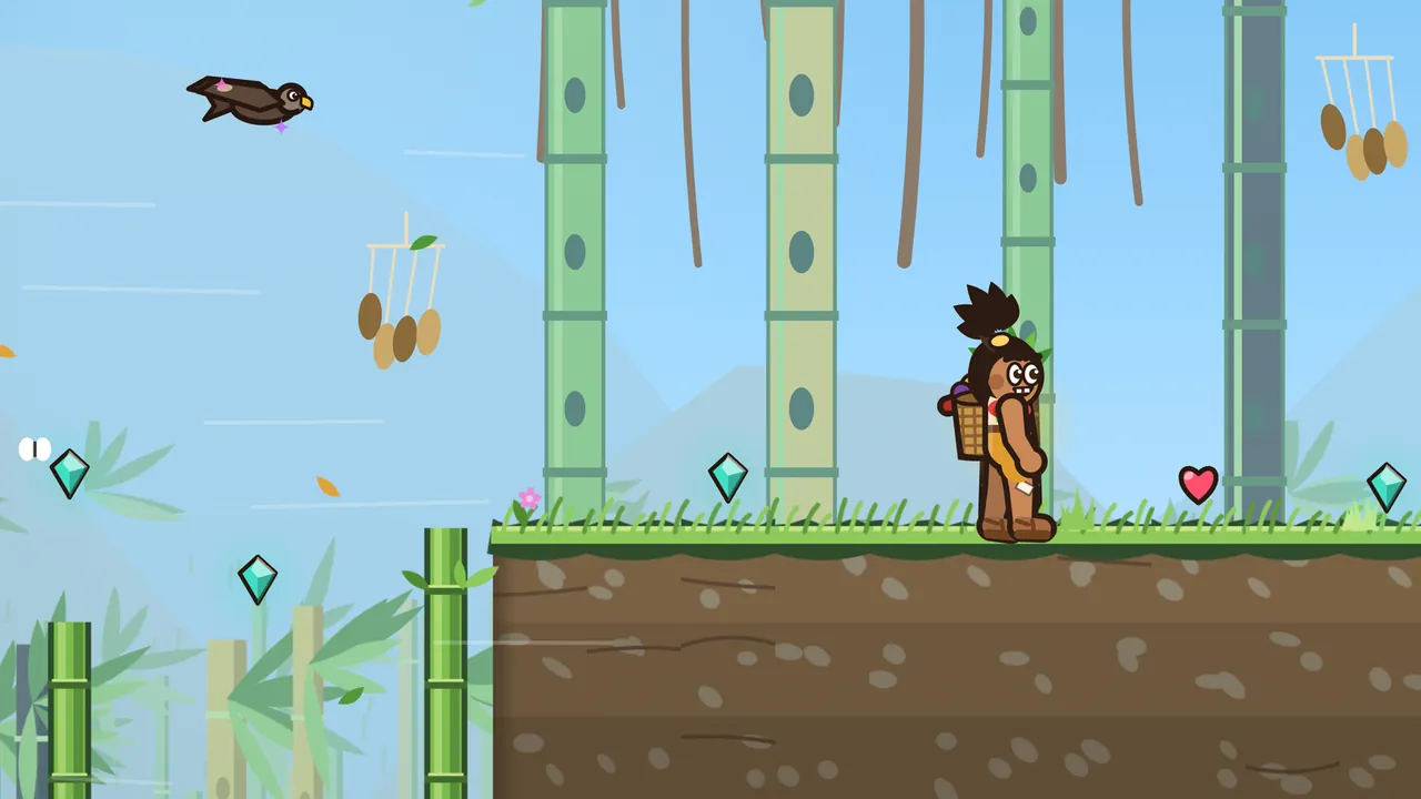 Windharp Heights on a bright blue noon: Tavo stands on a grassy earth bank at the top of a cliff, looking right toward a red heart; tall pale-green bamboo pipes with oval flute holes rise behind him, long brown roots hang from above, wooden wind chimes made of seed pods hang in the air on both sides, a brown kite with a yellow beak glides on the left, orange leaves blow past in the wind, and green bamboo stems and leaves grow up from the drop below the cliff edge, with teal gems floating over it