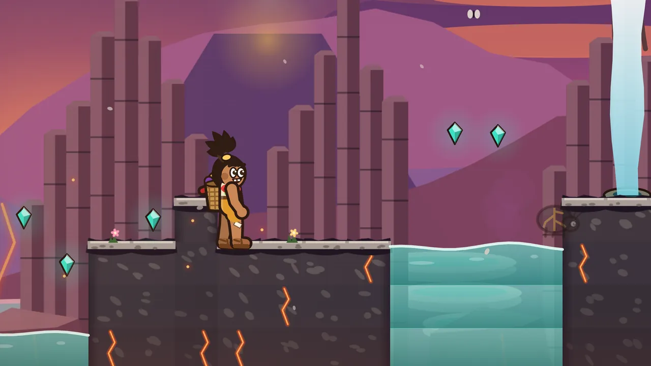 Ember Peak at sunset, in purple and orange: Tavo stands on a step of dark volcanic rock with thin orange cracks of lava glowing in it, beside a little yellow flower; on the right, a turquoise pool fills the gap to the next step, where a white plume of warm water shoots up from a small mound; tall six-sided basalt columns rise behind, a dark volcano glows under the low sun, and teal gems float over the pool and down on the left