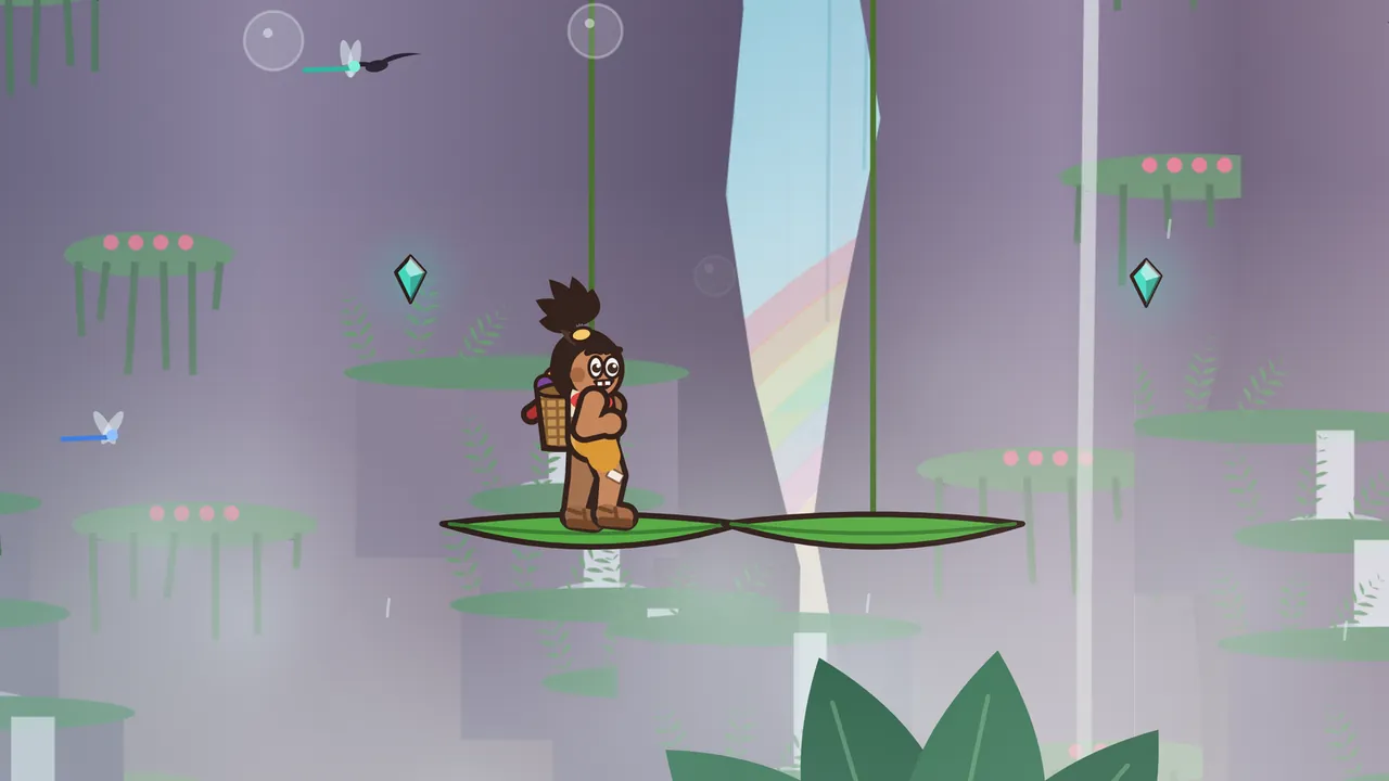 In a misty gorge of violet cliffs, Tavo, a boy with a spiky black topknot, big round eyes and a woven basket of fruit on his back, stands on one of two big green leaves that hang from long vines and meet edge to edge in midair; a rainbow shows through a gap between the cliffs behind them, thin waterfalls pour down on the right, ledges with pink flowers float in the mist, a teal gem glows on each side, two dragonflies hover on the left and a dark swift flies across the top
