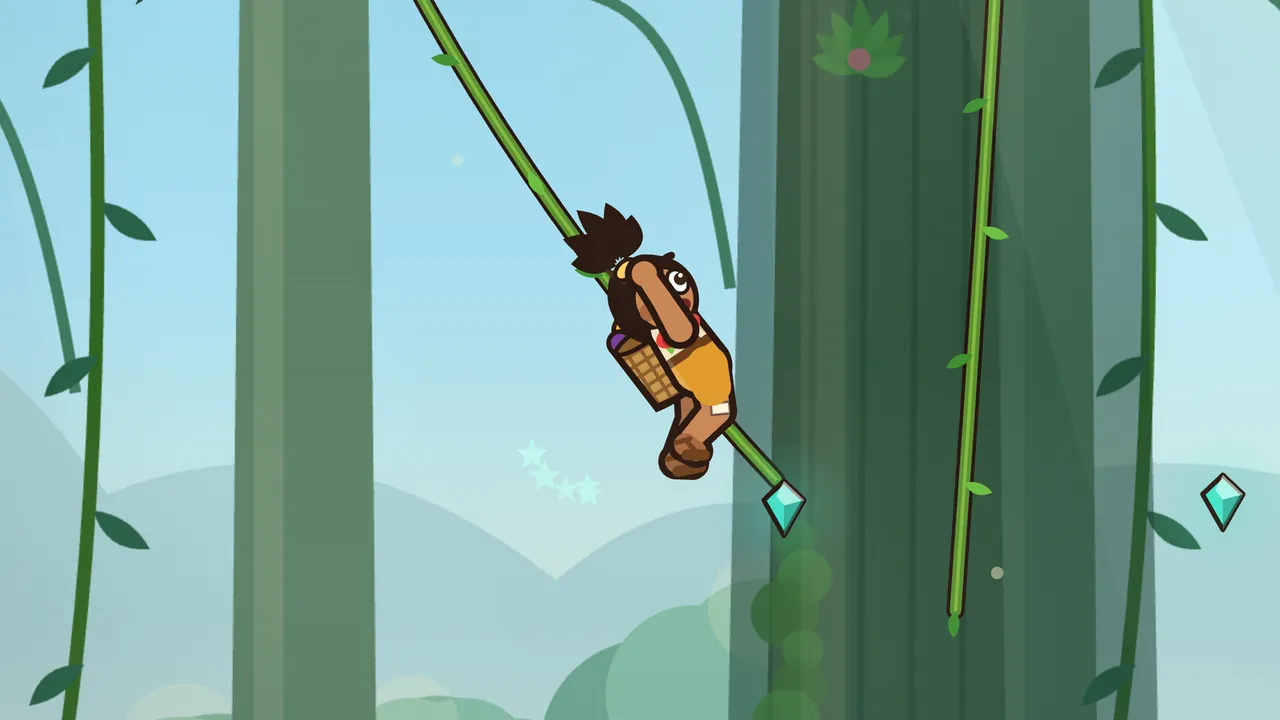 Sunrise Canopy in level 1: Tavo hangs on a long green liana that slants down from the top of the picture, hugging the rope with both arms, his palm tuft sticking up, the woven fruit basket on his back and his orange shorts and sandals tucked up below; a glowing teal gem floats at the lower end of the liana, a little trail of pale teal stars floats behind him, and tall green tree trunks, more hanging vines and soft blue hills fill the misty jungle around him