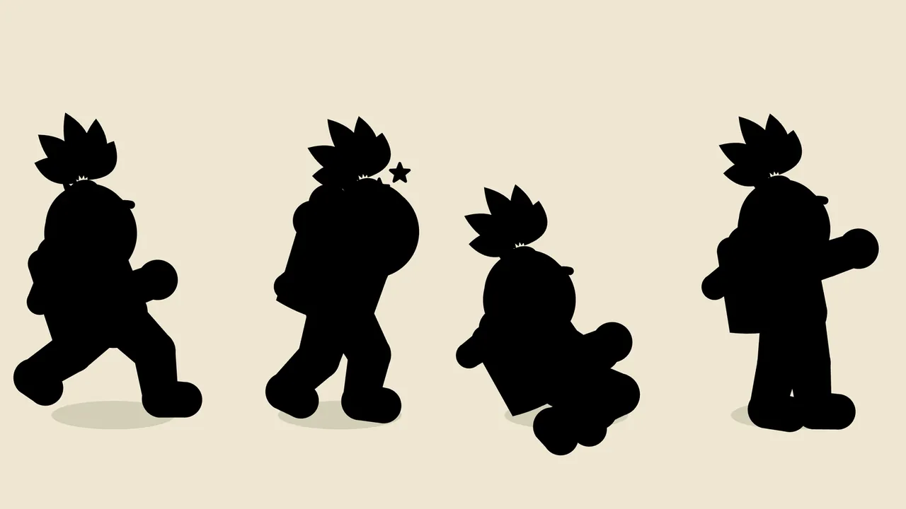 A sheet of four solid black silhouettes of Tavo on a cream background, each with a soft gray shadow at the feet: running with a long stride and one fist forward, knocked back with a little star by his head, crouched low and tipped forward with the basket on top, and standing with one arm pointing ahead; in every one, the five-frond palm tuft on top of the round head, the square hump of the basket on the back and the big round sandals still read clearly