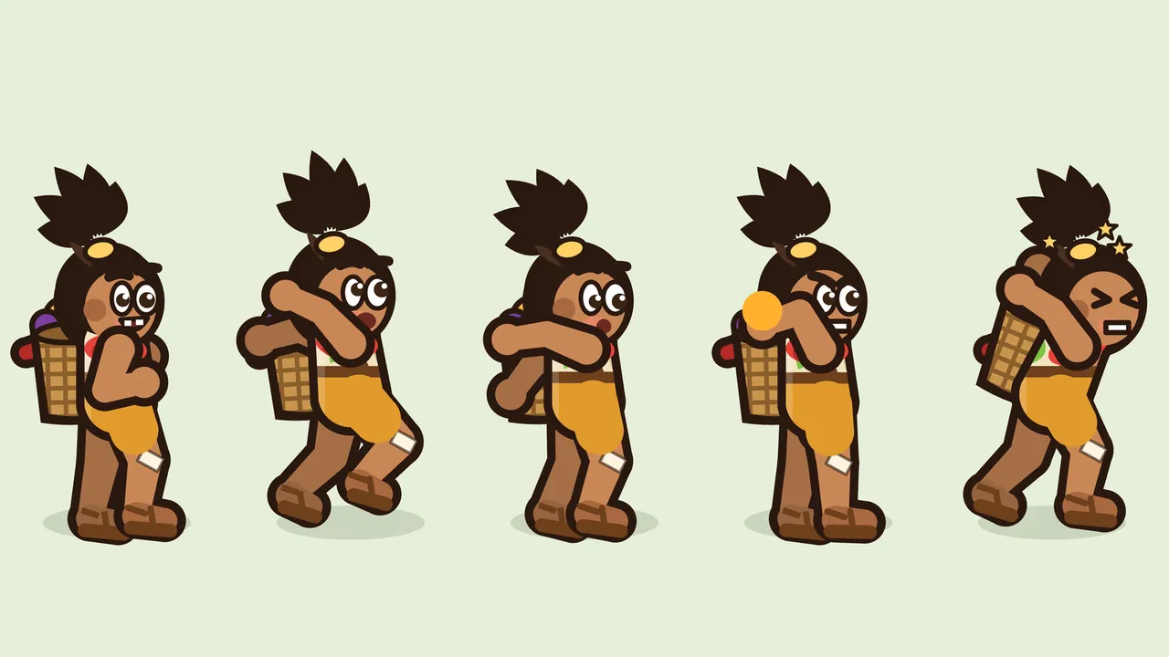 A sheet of five full-color poses of Tavo on a pale green background: a boy with warm brown skin, a dark palm tuft tied with a yellow band, a cream sleeveless vest, a red scarf, orange shorts, a plaster on one knee, big sandals and a woven basket of fruit on his back; from left to right he stands with hands on hips grinning with a gap in his teeth, jumps with arms up and mouth open, falls with a round little mouth, winds up a throw with an orange fruit behind his head and gritted teeth, and leans back with eyes squeezed shut while three yellow stars circle his head