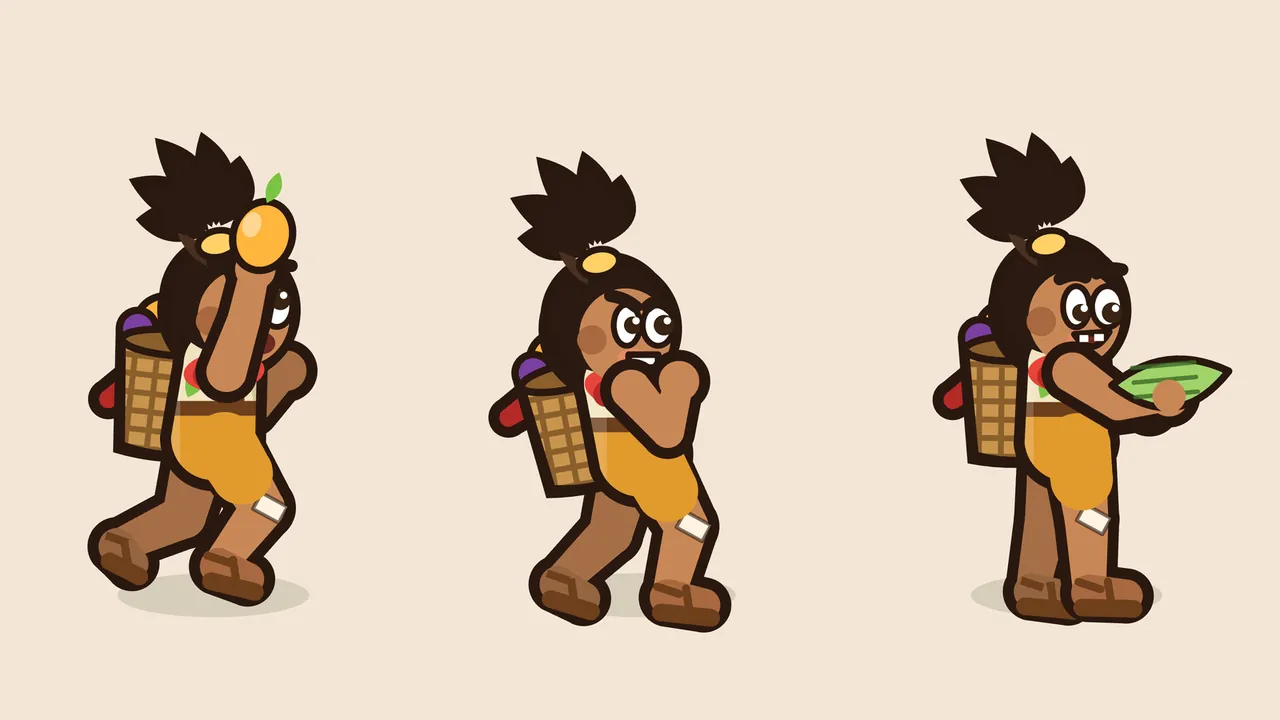 A sheet of three full-color story poses of Tavo on a warm peach background: on the left he stretches one arm high to hold up a ripe orange mango with a green leaf, looking up at it with an open mouth; in the middle he crouches with knees bent and both fists up by his chin, brows knitted and teeth gritted, ready to run; on the right he stands holding a big green leaf letter in both hands, looking down at it with a gap-toothed grin; in all three he wears the red scarf, cream vest, orange shorts and the woven basket of fruit on his back