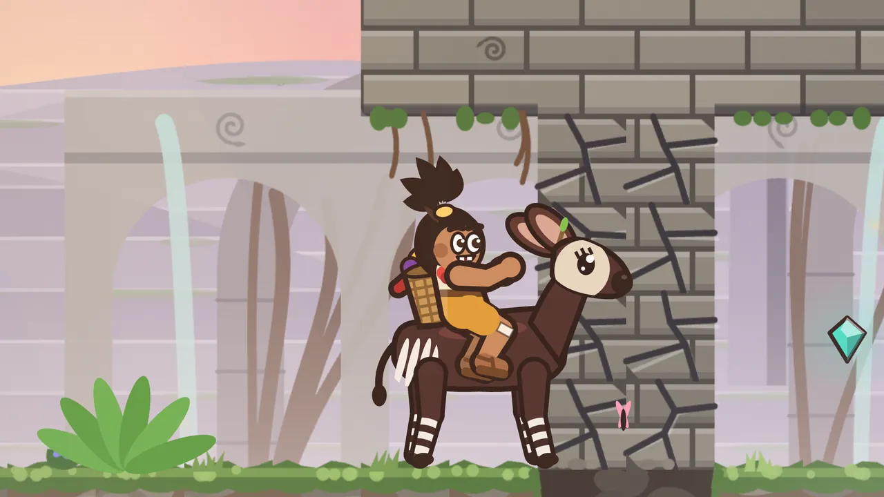Mossgate Ruins at dawn: Tavo, a boy with a dark palm tuft tied with a yellow band, a woven fruit basket on his back, orange shorts and big sandals, rides Socks, a shy dark brown okapi with a pale face, huge ears and white-striped legs, grinning with a gap in his teeth as he reaches forward; behind them stands a cracked gray stone pillar under a stone lintel hung with leaves and roots, pale arches and thin waterfalls fade into a pink sky on the left, a big green fern grows at the bottom left and a teal gem glows at the right edge