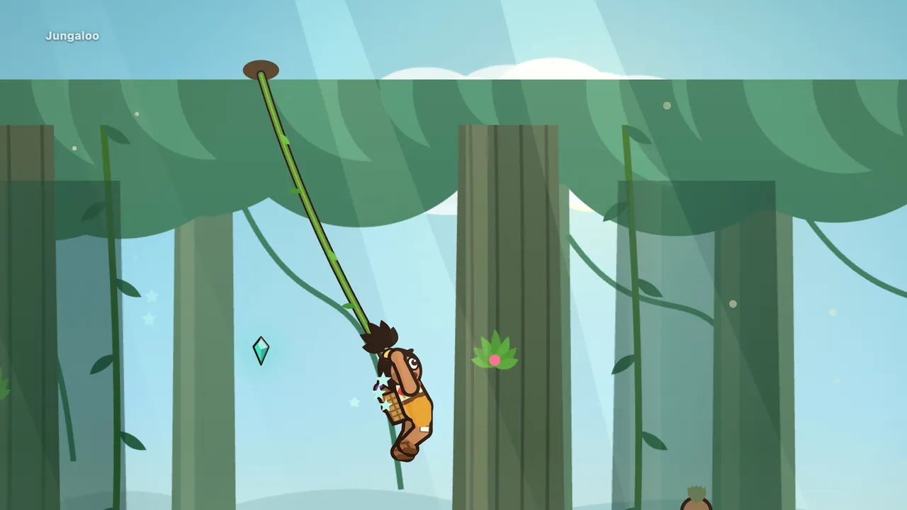 Tavo, a boy with a topknot and a fruit basket on his back, swinging from a long liana high among tall jungle trees, a teal gem floating beside him
