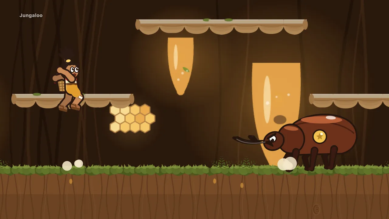 Clatterhorn, a huge brown stag beetle with a gold star on his side, charging along the floor of a dark hall lit by amber resin while Tavo jumps up toward a low branch