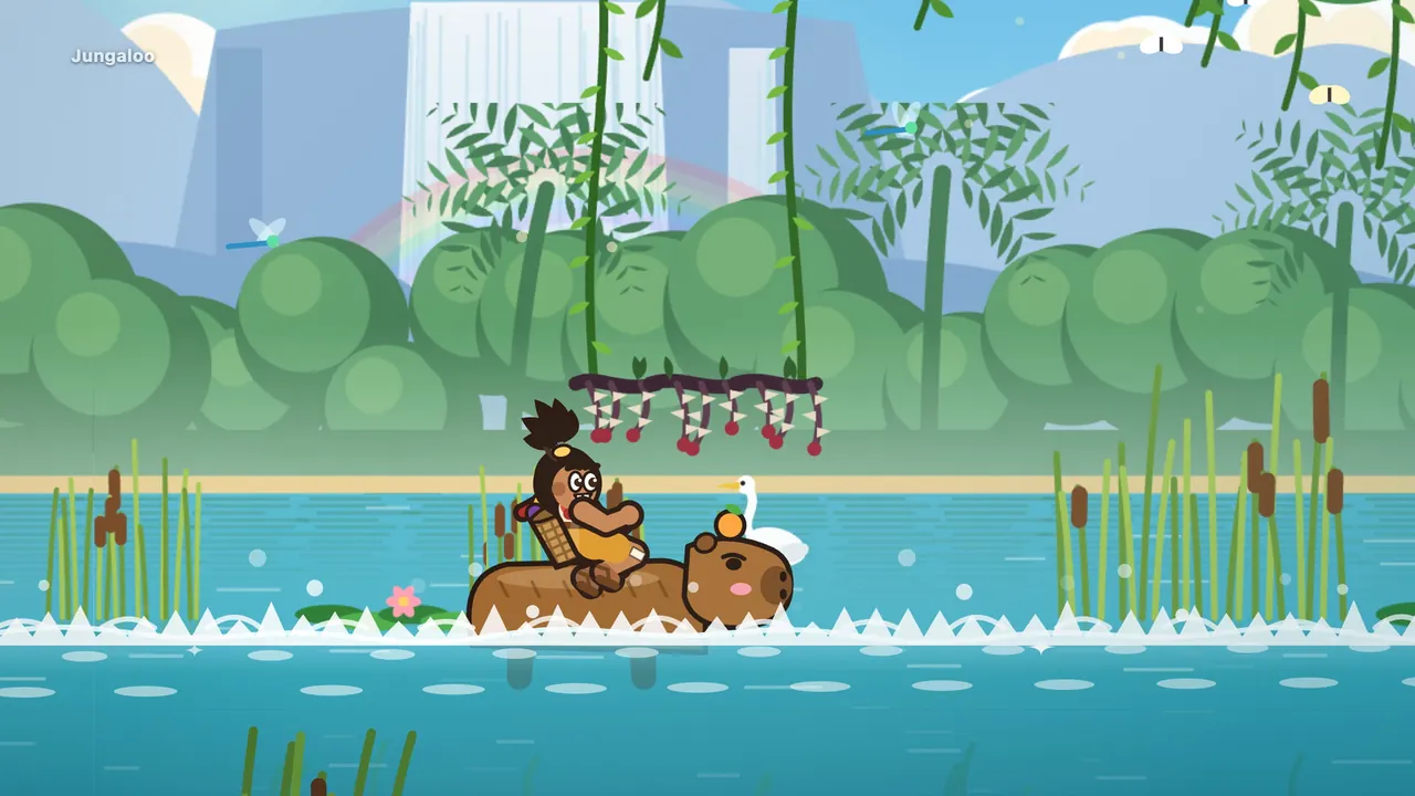 Tavo crouching on the back of Dumpling, a calm capybara with an orange on its head, as they float under a low thorny branch on a blue river, a white heron in the reeds and a waterfall far behind