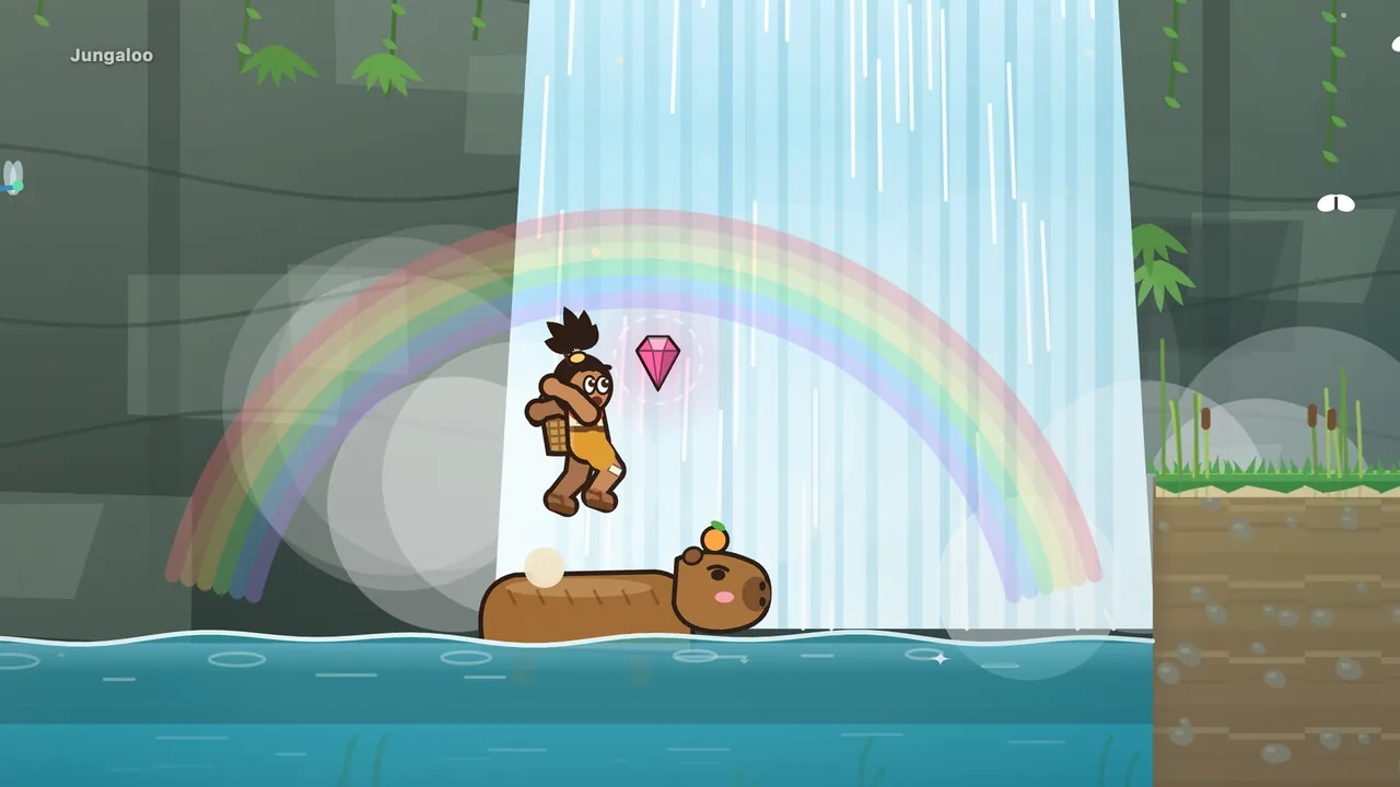 Tavo leaping off the back of Dumpling the capybara toward a big pink gem under a rainbow, in front of a white waterfall on Ribbon River