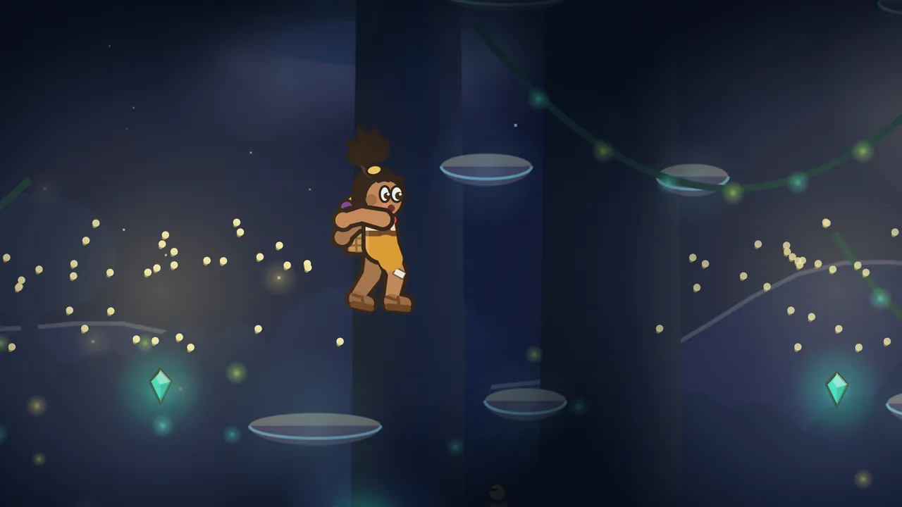 Tavo, a boy with a spiky topknot, a mustard outfit and a woven basket on his back, leaps through the dark Glowwood with his knees tucked up, between two glittering clouds of golden fireflies, with two teal gems glowing below him, pale shelf fungi on the dark tree trunks and strings of green lights hanging between the trees