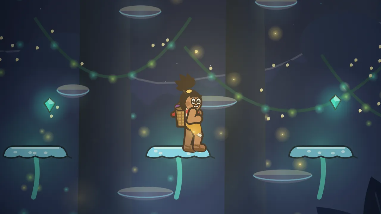 Tavo stands on the middle one of three glowing pale blue mushroom caps on long teal stems over a dark pit, his hand at his chin and his basket of fruit on his back, while golden fireflies sparkle in the air above him, a teal gem glows on each side, and strings of green lights and pale shelf fungi hang between the dark trees