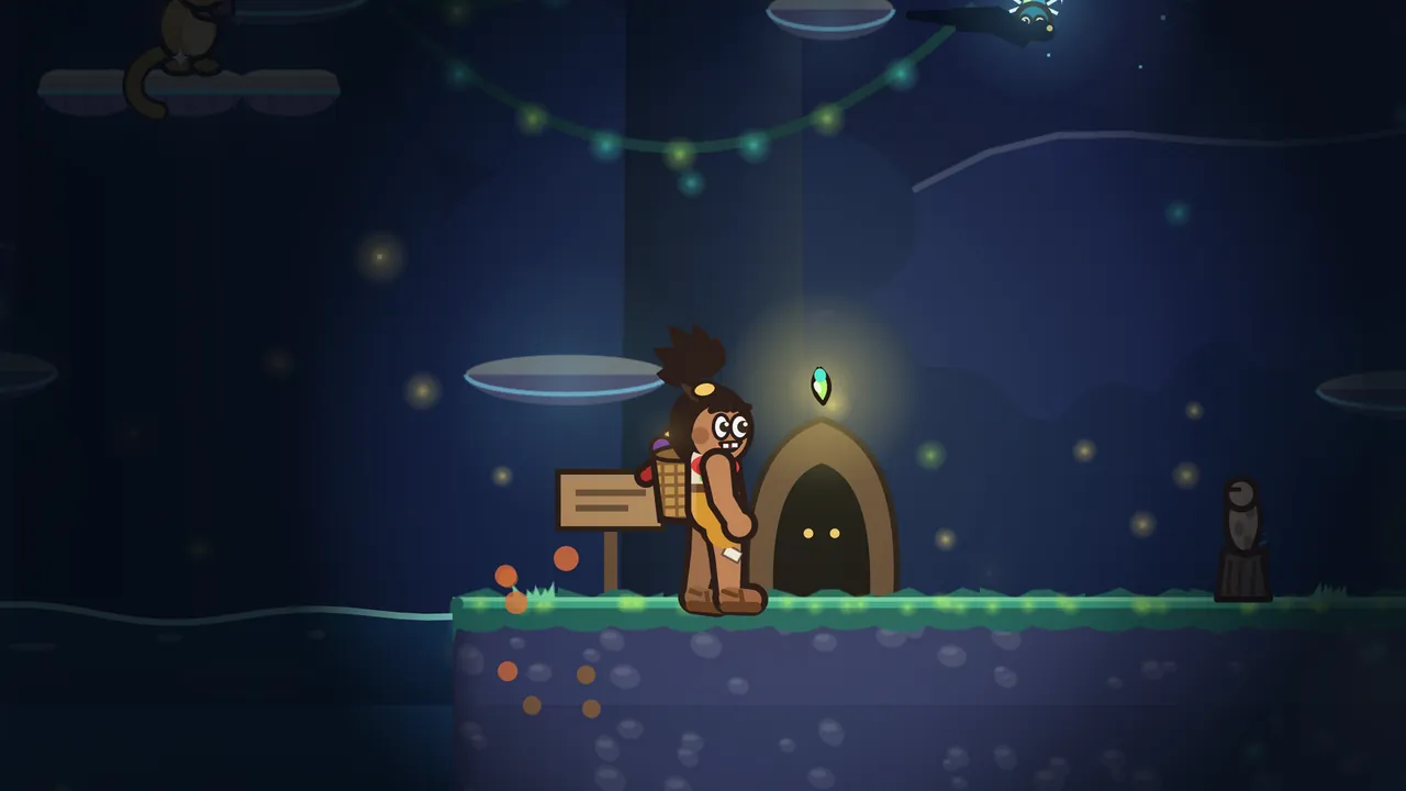 Tavo stands on a mossy bank at night beside a small wooden sign, next to a round doorway in a mound of earth with two yellow eyes peering out of the darkness inside, a glowseed glowing gold above it, a potoo perched on a stump to the right, a kinkajou curled on a branch at the top left and the dark water of the pond behind him