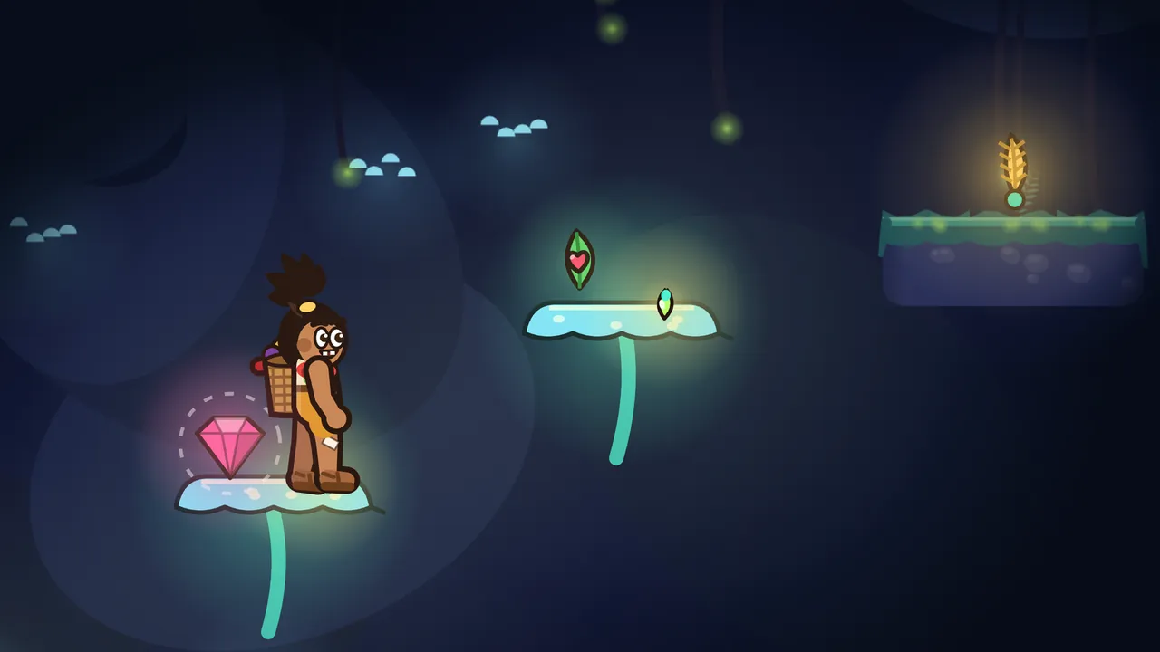 In a dark cave lit only by glowing things, Tavo, a boy with a spiky topknot, a mustard outfit and a woven fruit basket on his back, stands on a glowing pale blue mushroom cap next to a big pink gem, with a green leaf with a red heart floating over the next cap, and a golden feather relic shining on a mossy stone shelf at the top right