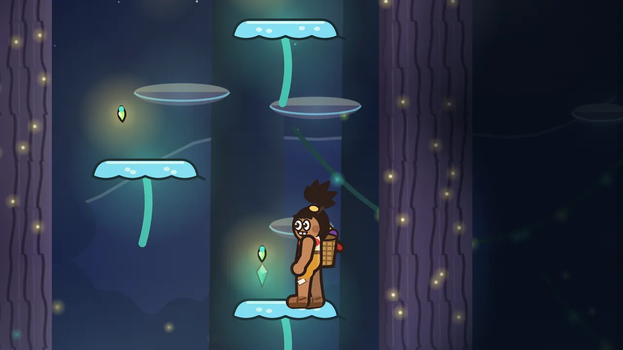Inside the hollow trunk of a huge dark purple tree speckled with tiny golden lights, Tavo stands on a glowing pale blue mushroom cap, looking back over his shoulder, with two glowseeds glowing gold beside the caps and more caps climbing in a zigzag above him toward the top of the trunk