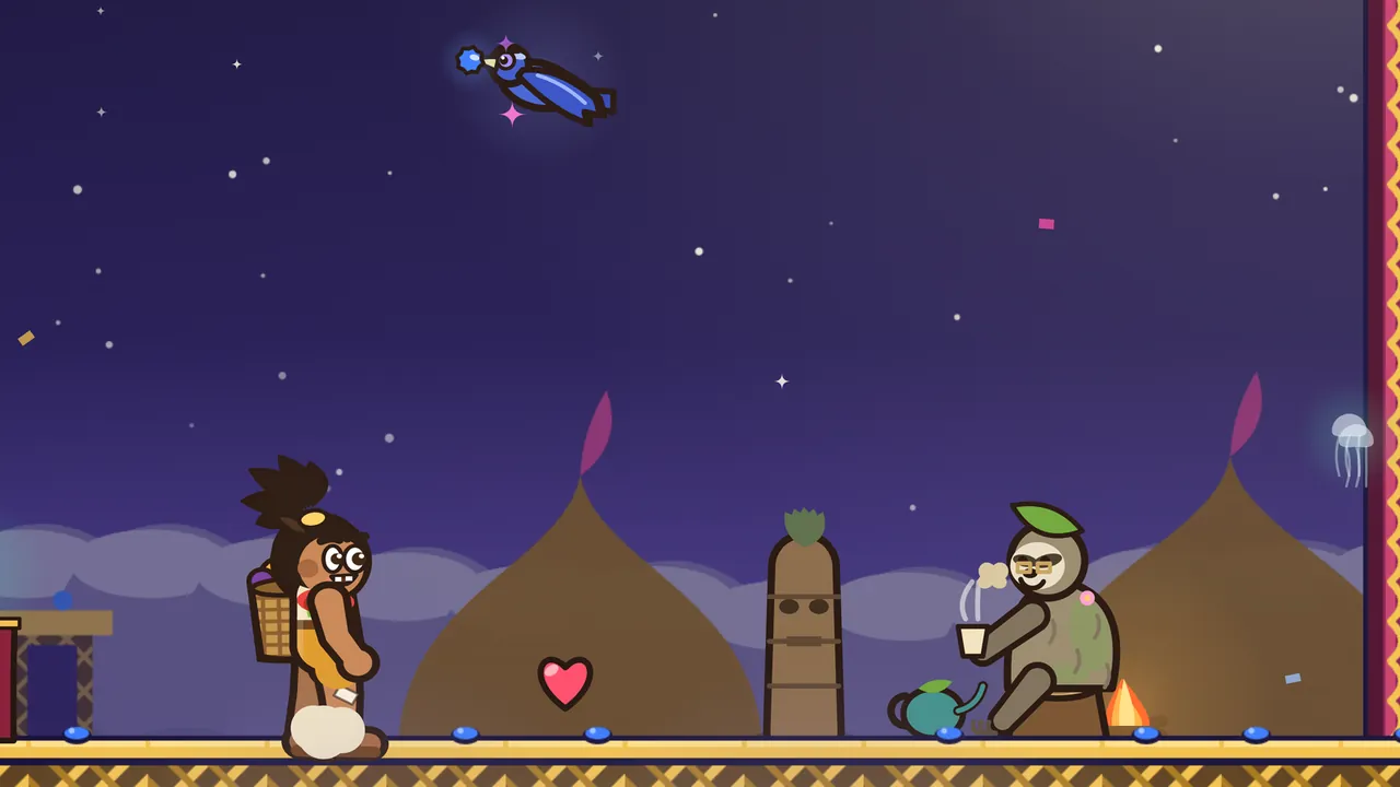 Under a starry purple night sky above Plumehall, a glossy royal-blue satin bowerbird with a violet eye hovers high up with a round blue bottle cap in its bill, while below, Tavo lands on a golden walkway set with blue stones in a little puff of dust, a pink heart floats nearby, a carved wooden post stands in the middle, and on the right Old Lento, a gray sloth with a green leaf on his head and half-glasses, sits by a small campfire sipping a steaming cup of tea beside a teal teapot, in front of two brown domes topped with pink plumes
