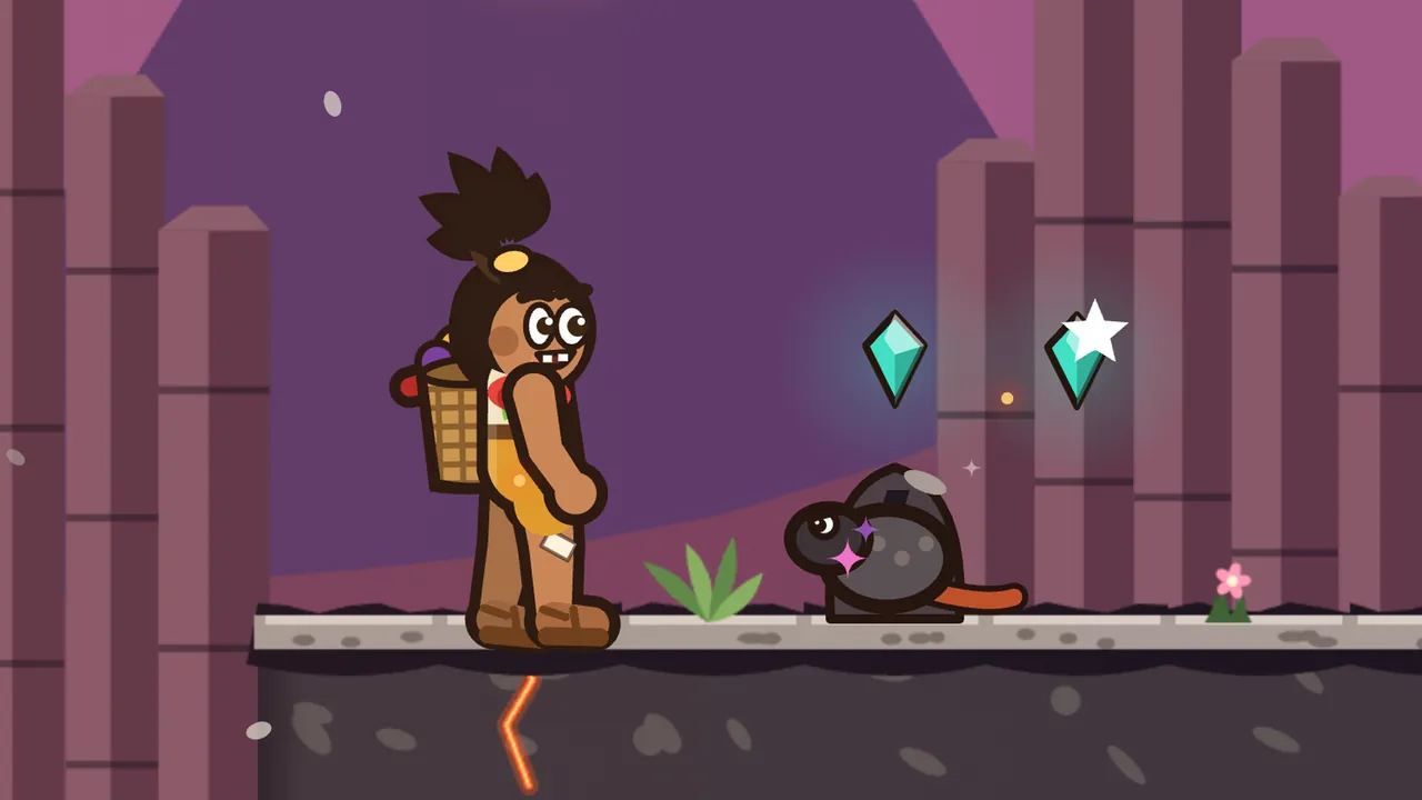 On a gray stone ledge on Ember Peak at dusk, a chuckwalla, a dark gray lizard with purple sparkles on it, sits puffed up and round in a crack in the rock with its rust-red tail sticking out behind, while Tavo stands on the left with his fruit basket and watches it, with two teal gems glowing above it, a green plant, a small pink flower, tall basalt columns, a purple volcano behind and a thin glowing orange crack in the rock below