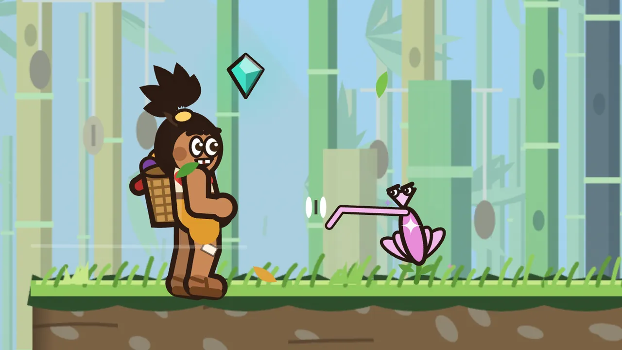 In the bamboo forest of Windharp Heights, an orchid mantis, a small pink creature shaped like an orchid with petal-like legs, a pointed head and narrowed eyes, shoots one long pink arm out toward Tavo, a boy with a topknot and a woven fruit basket on his back, who stands on the grassy ledge and looks at it with wide eyes, a teal gem floating above his head and tall pale green and blue bamboo stalks rising behind them