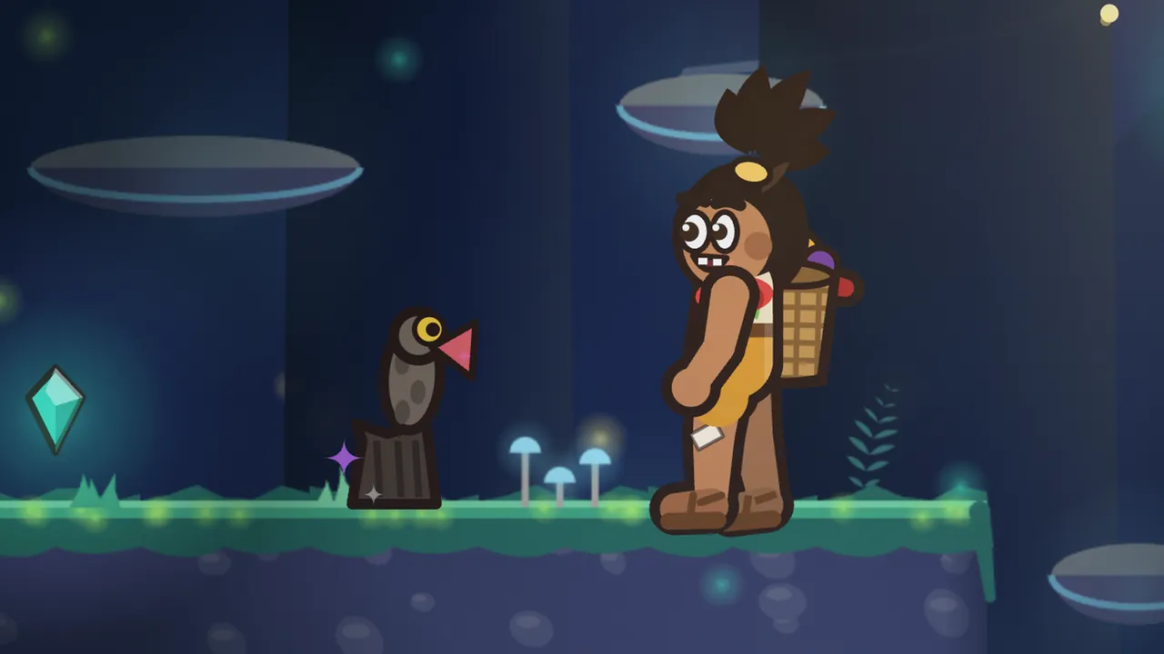 At night in the Glowwood, a potoo, a small gray-brown bird with a mottled body and one big yellow eye, sits on top of a dark tree stump with its triangular pink mouth gaping open, while Tavo, a boy with a topknot and a woven fruit basket on his back, stands a few steps away on the mossy ledge and looks at it, next to three small glowing blue mushrooms, with a teal gem glowing on the left, flat gray shelf fungi on the dark trees and green specks of light in the air