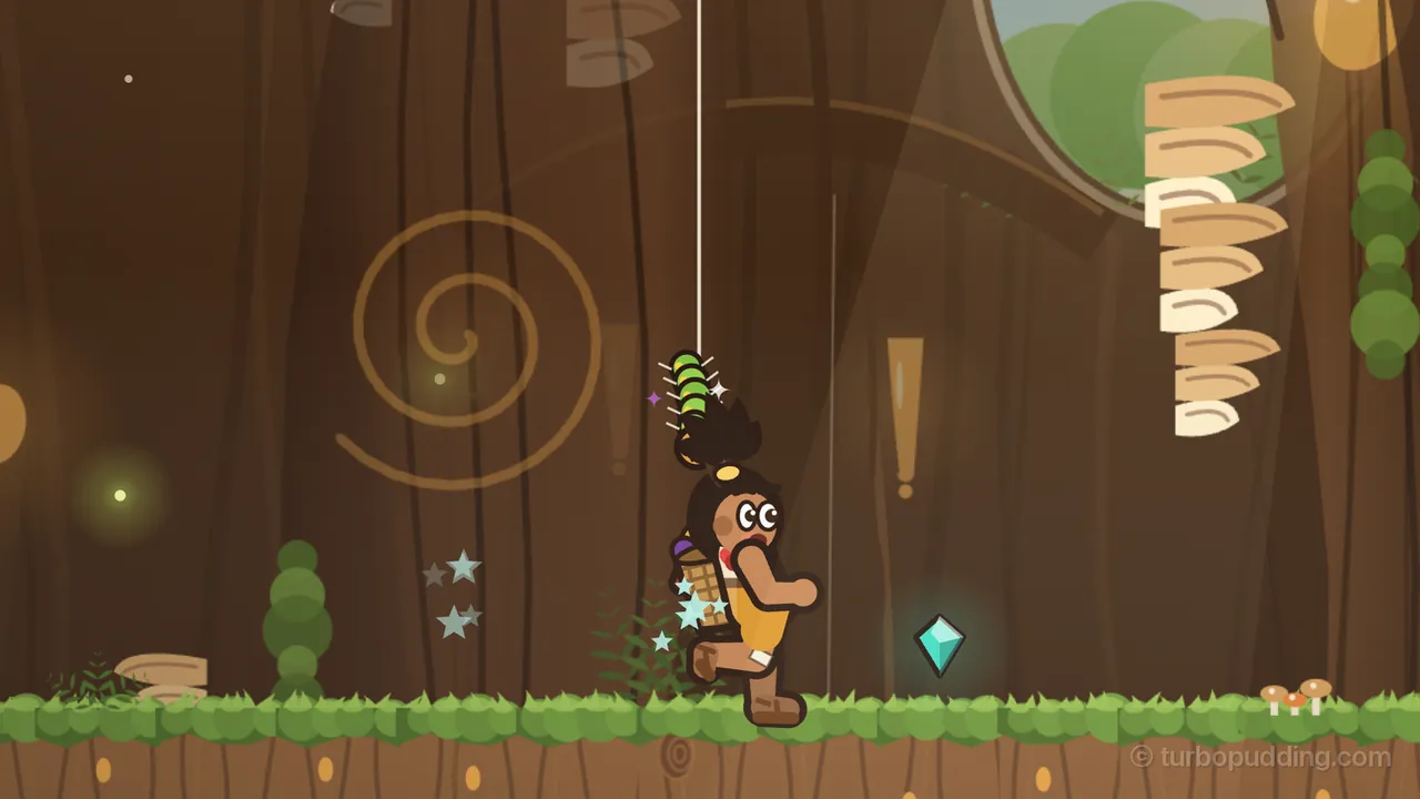 On the mossy floor among the roots of the great tree, Tavo, a boy with a spiky black topknot, a yellow tunic and a woven basket on his back, walks to the right past a teal gem, with little pale stars around his basket from a gem he just picked up, while a fuzzy green caterpillar with black stripes and pale bristles drops down on a white silk thread right onto the top of his hair; behind them are a big carved spiral on the dark brown bark, a long amber drip of sap, a tall stack of pale shelf fungus and, at the top right, an oval opening onto green treetops