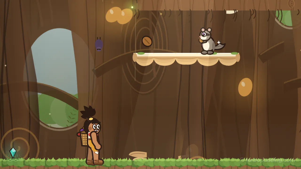 Inside the great tree, a gray flying squirrel with a white belly, round ears, a dark ring around its big purple eye and a flat gray tail sits on a wide pale shelf fungus up on the right, holding an acorn to its chest, while another acorn spins through the air toward the left; down on the grassy floor at the bottom left, Tavo, in his yellow tunic with a woven basket on his back, looks up with a wide-eyed grin, a small purple bat hangs upside down from the bark above him, a teal gem glows in the bottom left corner and an oval opening on the left shows green treetops under a pale sky