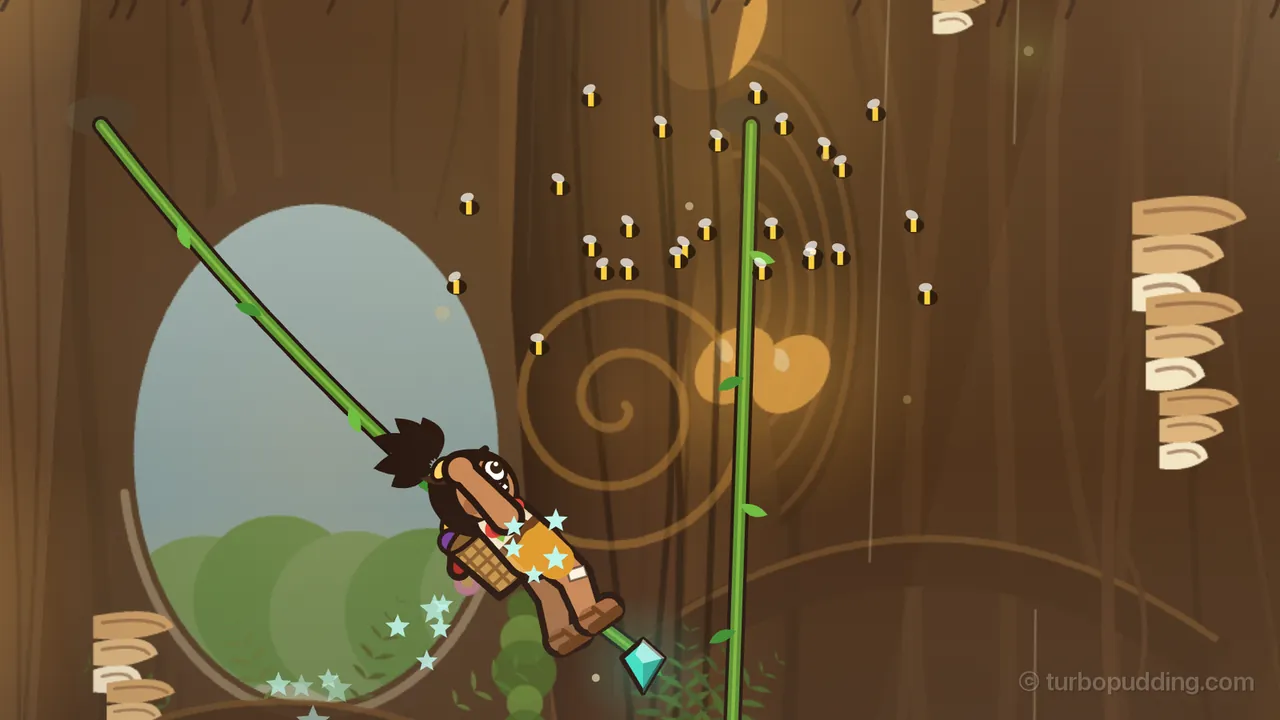 Tavo, in his yellow tunic with a basket on his back, swings on a long green liana inside the great tree, leaning back with his feet out and a trail of pale stars behind him, past an oval opening onto green treetops; just ahead of him another liana hangs straight down from the bark, and around its top a loose cloud of a few dozen small striped bees is buzzing; a teal gem floats by his feet, and tiers of pale shelf fungus, carved spirals and glowing amber blobs of sap cover the bark around them