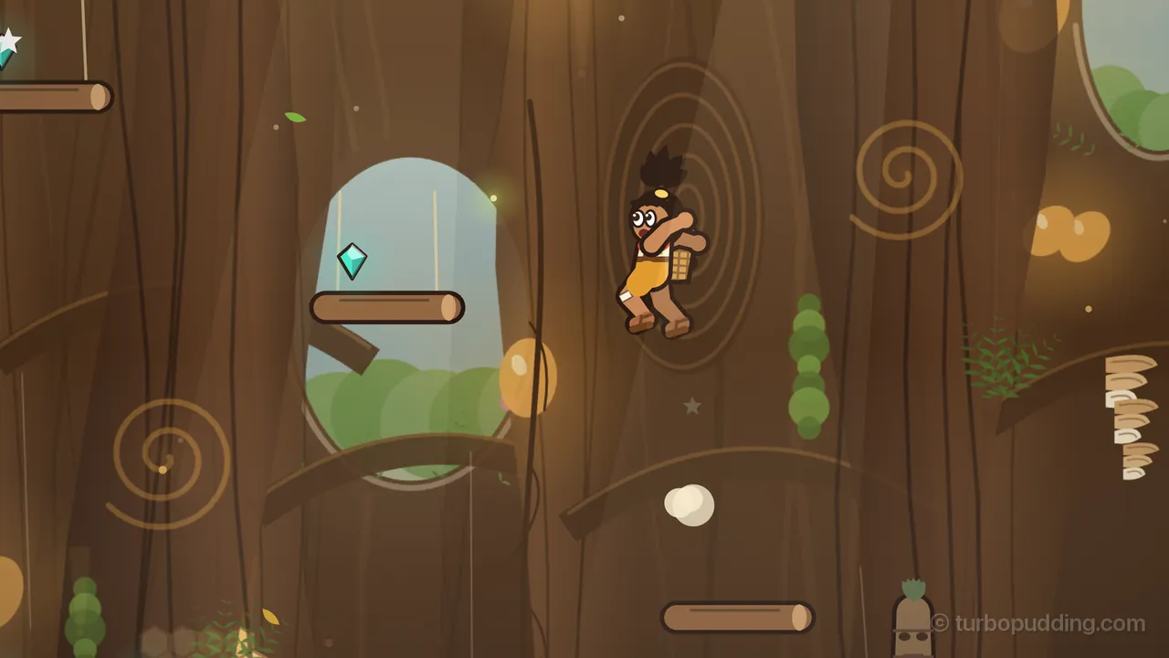 Inside the warm brown hollow of a great tree, Tavo, a boy with a spiky black topknot, a yellow tunic and a woven basket on his back, leaps up through the air with his knees tucked, while below him the creaky log he just left drops toward the floor with no ropes holding it and a puff of white dust beside it; up to the left, another log hangs on two ropes in front of an oval hole onto green treetops, with a teal gem floating over it, and the end of a third log with a gem pokes in at the top left; carved spirals, amber blobs of sap and tiers of pale shelf fungus cover the bark, and a small carved wooden post with a green sprout on top stands at the bottom right