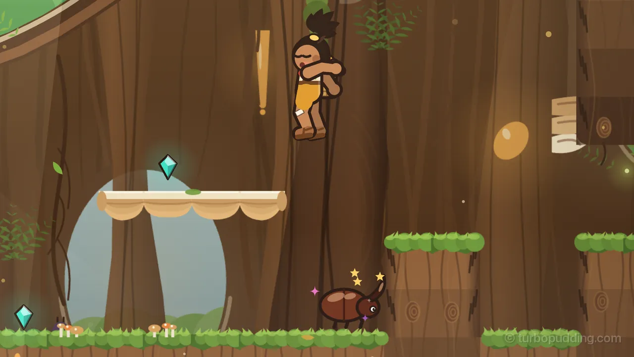 In a sunny corner of the great tree, a little brown rhinoceros beetle with a shiny round shell and one curved horn stands dizzy at the foot of a mossy step of bark, with three gold stars and two small sparkles around its head, while Tavo, in his yellow tunic with a basket on his back, jumps high above it with his eyes squeezed shut; on the left, a wide pale shelf fungus with a teal gem over it stands in front of a tall opening onto pale sky, and little orange mushrooms grow in the grass along the floor