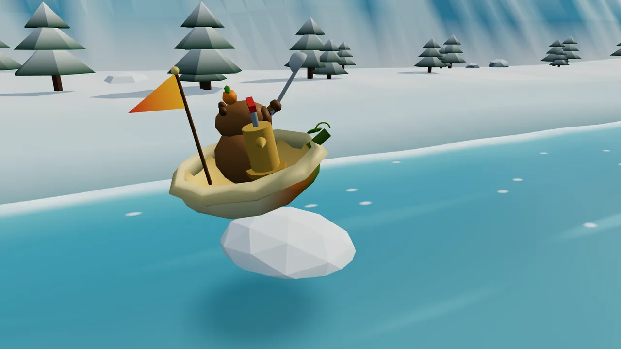 The Calving Wall in Glacier Gate: Fennel, a round brown capybara with a little tangerine and a green leaf on his head, seen from behind in half a pumpkin with a cream inside and a green rind, hops clean off the water over a white ice floe, his gray ladle raised high, a yellow pump with a red handle and an orange pennant aboard; behind him a tall ice wall with blue streaks rises over a snowy bank with pines