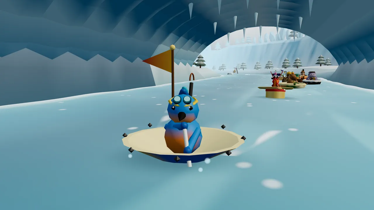 Calving Wall in Glacier Gate: Juno, a round blue kingfisher chick with an orange belly, a black beak and diving goggles pushed up on her head, paddles toward the camera in an upturned umbrella with its hooked handle sticking up and an orange pennant flying, inside a tunnel of blue ice with pointed icicles hanging from its roof; behind her, at the bright mouth of the tunnel, a line of rival boats follows on the pale blue water, with snowy pines and an ice cliff outside