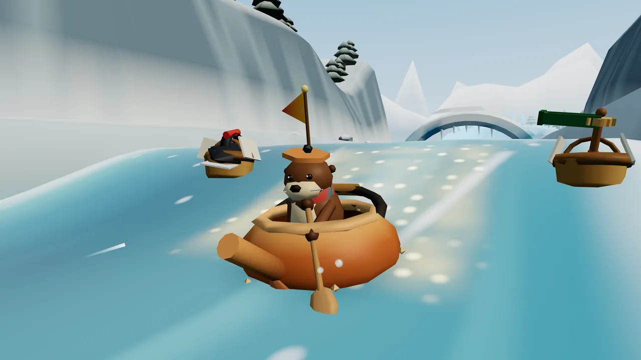 The gorge: Ottilie, a brown otter in a little flat cap and a red-and-teal scarf, rides a surge toward the camera in her copper kettle with its spout and handle, paddling with a wooden spoon, while glowing golden spots mark the sweet spot on the water beside her; two picnic baskets ride the same surge, a black flat iron with a red handle sticking out of the left one and a green wooden rattle out of the right one, between tall ice cliffs, with an arch of ice spanning the river ahead