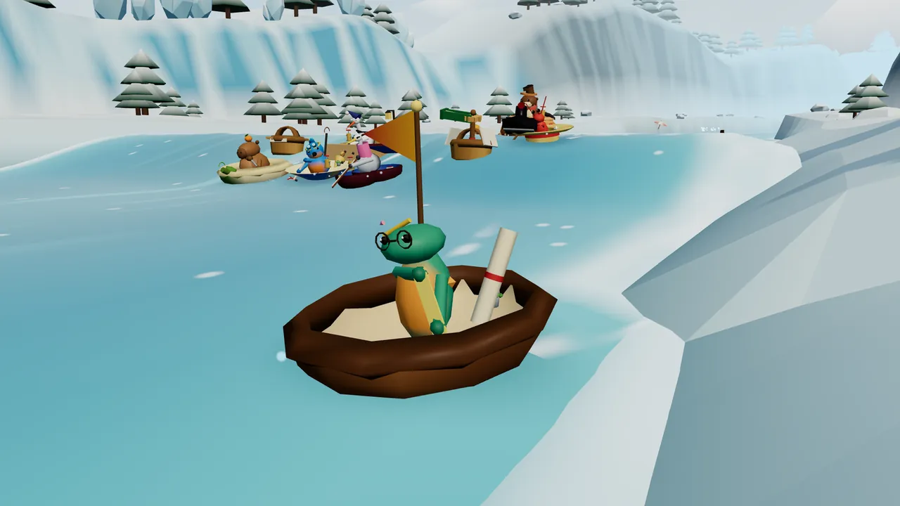The Braids: Sorrel, a green newt with round black glasses, a pencil behind one ear and an orange belly, sits in a giant walnut shell with a rolled-up map and an orange pennant aboard, alone in the narrow left channel with a snowy gravel island on the right; across the water on the left, the rest of the pack races down the middle channel: a capybara in half a pumpkin, a blue kingfisher chick in an umbrella, a white bird in a dark red boat and a red crayfish in a straw-hat boat further on, with picnic baskets bobbing among them and a blue ice cliff and snowy pines behind