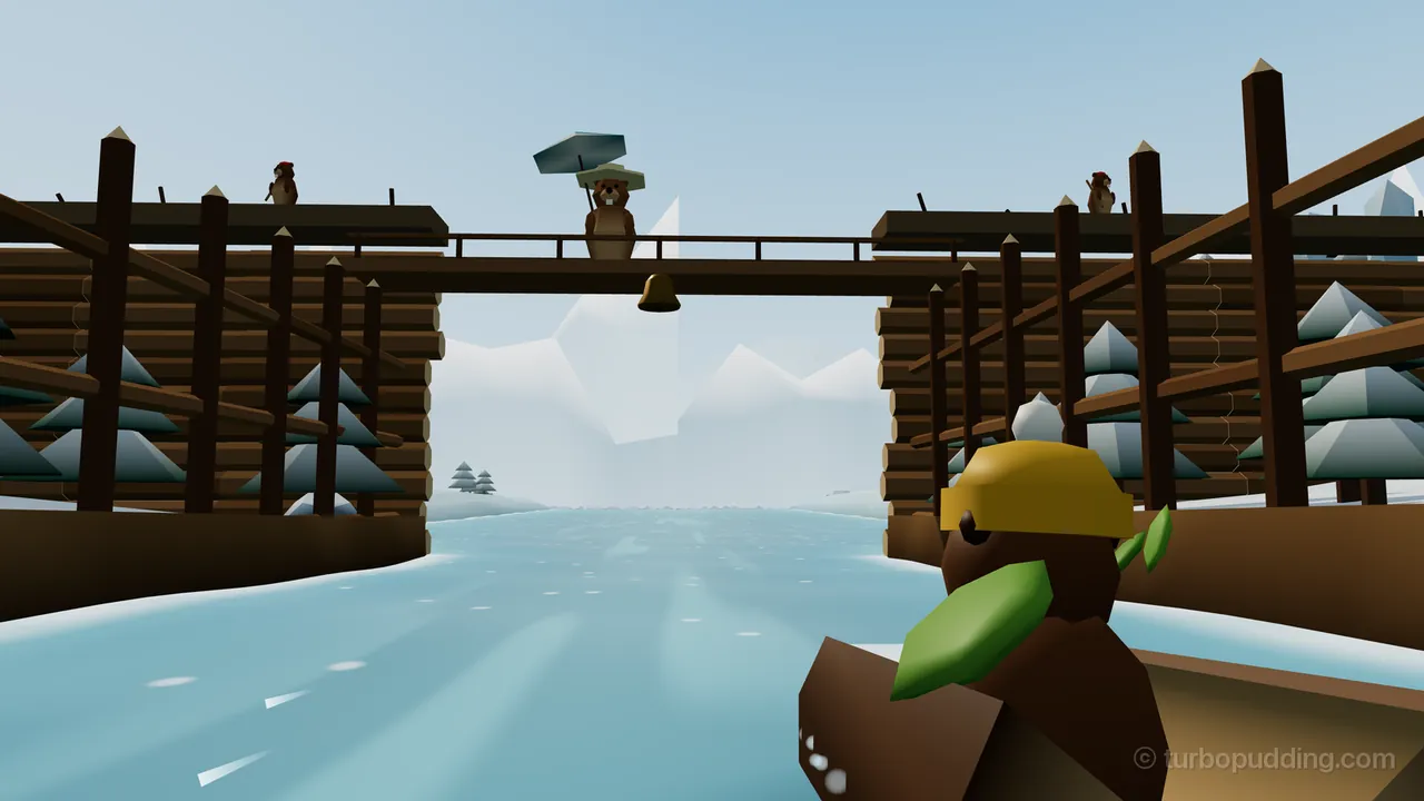 The Spillway of Frostlog Dam: Burl, a brown beaver in a mustard beanie, seen from behind in his hollow log with green leaves sprouting from it, paddles down a pale blue chute between two tall walls of stacked logs and fence posts toward the open gate of the dam, where Dame Dambury stands on the wooden bridge under her parasol, a brass bell hangs below the bridge, a Dam Hand in a red cap stands on each log wing, and snowy pines and icy peaks show beyond the gate