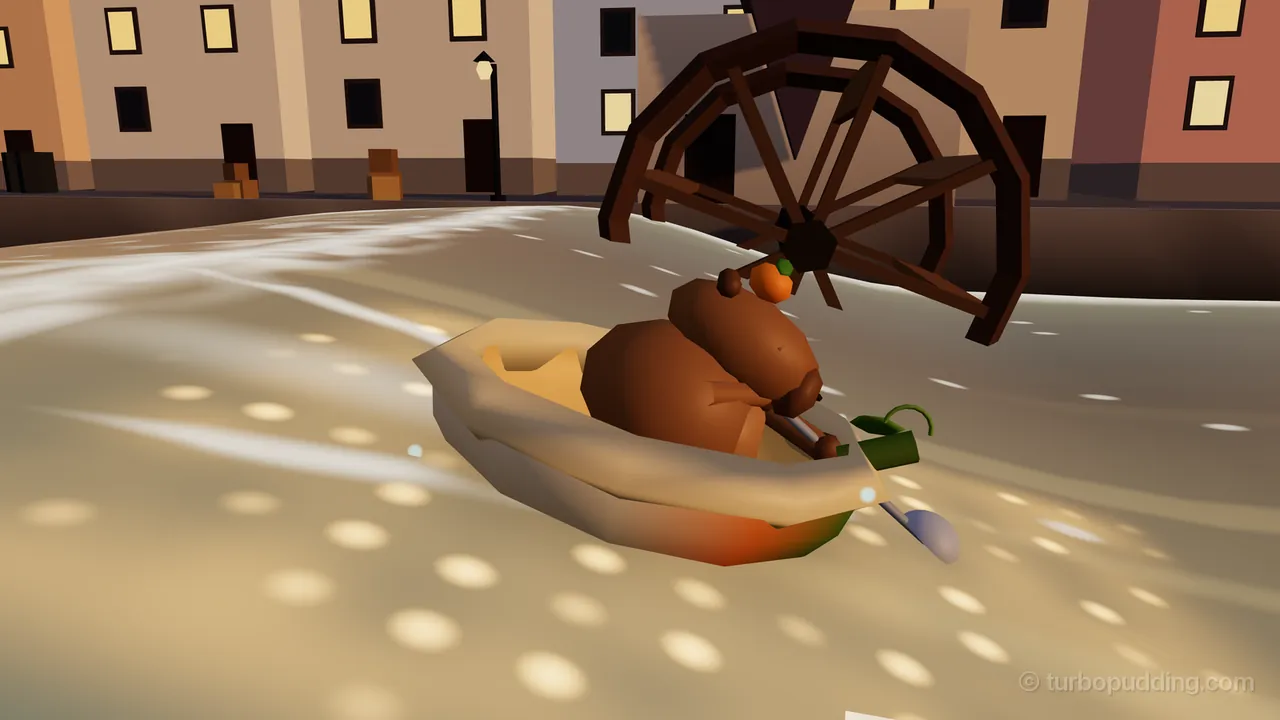 Millrace Town at dusk: Fennel, a round brown capybara with a small orange sitting on top of his head, paddles his half-pumpkin boat with a ladle across water covered in golden spots, while a big dark wooden mill wheel stands in the canal behind him by the stone quay, in front of tall town houses with lit yellow windows, a black street lamp and a few crates on the quay