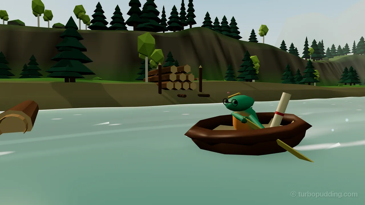 Logjam Dam in Pinewood Rapids: Sorrel, a green newt with round glasses, a pencil behind one ear and an orange vest, paddles a giant walnut shell with a yellow ruler, a rolled-up map standing in the boat, while the cut end of a log rolls into the river on the left and a stack of logs held between two posts waits on the grassy bank behind, under a steep slope of dark pines and pale green trees