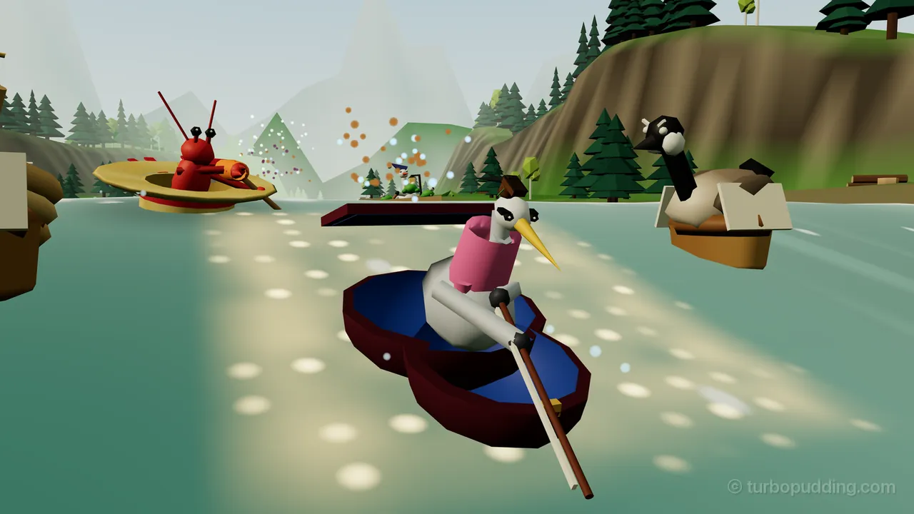 Verbena, a white heron with a long yellow beak and a pink shawl, rows her dark red violin case with a violin bow down a stretch of surge covered in golden spots on a green forest river in Pinewood Rapids, the lid of the case open behind her; Nib the red crayfish paddles his straw hat on the left, a gray-brown goose with a black neck and white cheeks rides along on the right, and pine-covered hills and pale mountains rise behind