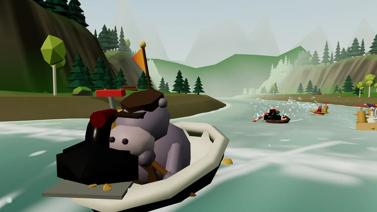Brogan, a big lilac-gray hippo in a brown cap, paddles his white cast-iron bathtub down a green forest river with a huge black flat iron sitting on the bow in front of him, its gray sole sticking out past the rim and the whole tub tipped slightly nose down; an orange pennant flies behind him, pine-covered hills rise on both banks, and three rival boats race through the spray further down the river