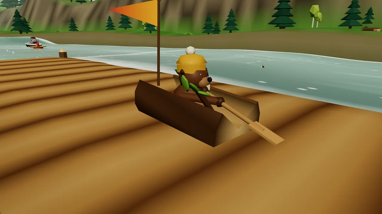 Burl, a brown beaver in a yellow knitted hat with a white pompom and a green scarf, rows his hollow log boat with a wooden oar across a wide deck of light brown boards laid over the river, an orange pennant flying behind him; beyond the deck the green water runs past a gnawed stump at the deck’s corner, a hippo and a crayfish race in the distance, and pine trees line the far bank