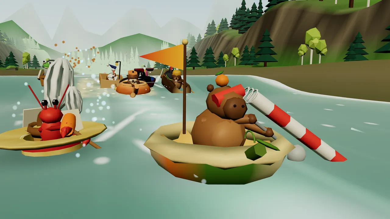 Fennel, a round brown capybara with a little tangerine on his head, sits in half a pumpkin on a green forest river holding a gray ladle, and a very long red-and-white striped straw runs from his mouth over the side of the pumpkin down into the water; an orange pennant flies behind him, a red crayfish in a straw-hat boat paddles on the left beside a big white whisk, and more boats race toward pine-covered hills