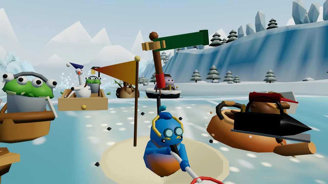 Juno, a little blue kingfisher chick in round goggles and a yellow headband, rides an upturned umbrella on a glacier river, holding a tennis racket, while a green wooden ratchet on a long brown handle spins high above her head; on the right a rival’s boat carries a giant black flat iron on its bow, on the left a tin pail of goggle-eyed green frogs sits in a wooden boat, and behind them a stork in a nightcap rows a dresser drawer past icy cliffs