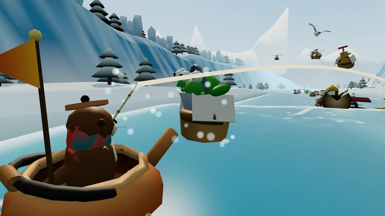 Ottilie, a brown otter in a little flat cap and a red-and-blue scarf, sits in her copper kettle boat with an orange pennant and holds up a fishing rod, its pale line arcing far ahead over the icy blue river toward the next wave; beside her floats a rival’s boat with a tin pail of green frogs aboard, gulls circle overhead, two picnic baskets drift in the air on the right, and snowy cliffs and fir trees line the bank