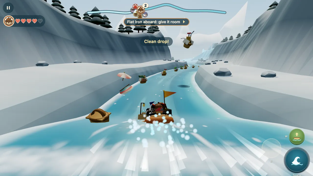 Ottilie’s kettle shooting forward in a burst of spray inside the ice canyon, with the words Clean drop! above the river