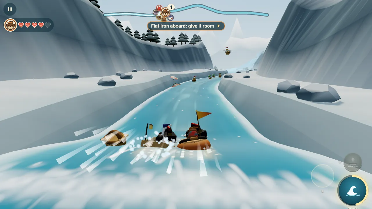 Ottilie the otter in her copper kettle riding a tall surge into a narrow ice canyon, spray flying off the boat beside her