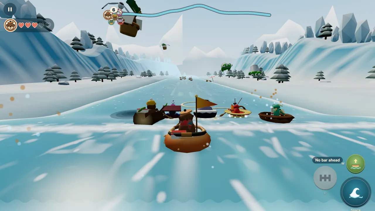 Ottilie in her copper kettle among other boats on an icy river, a line of foam across the water just ahead and a fading band of foam along the bottom edge of the screen