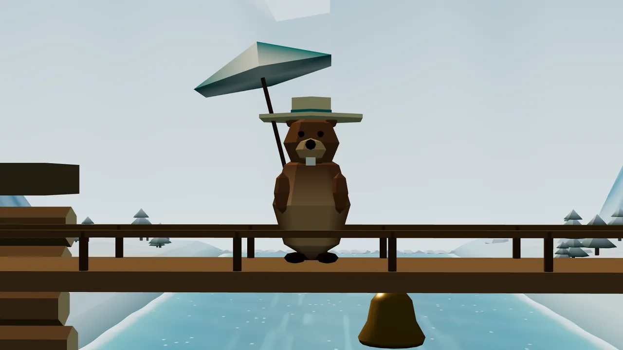 Dame Dambury, a brown beaver in a wide straw sun hat with a teal ribbon, holding a teal and white parasol over her shoulder, stands in the middle of a wooden log bridge on top of a dam of stacked logs, a big brass bell hanging under the bridge over the open gate, the icy blue river running through it and snowy hills with pine trees on both sides